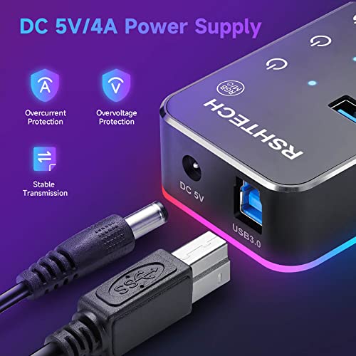 RSHTECH RGB USB Hub, USB C/USB 3.0 to 7-Port Powered USB Hub, RSH-518R | Gaming USB Hub Splitter with 14-Mode RGB LED Strip, 3.3ft USB-C/A Cable, 5V/4A Power Adapter and Individual Touch Switches