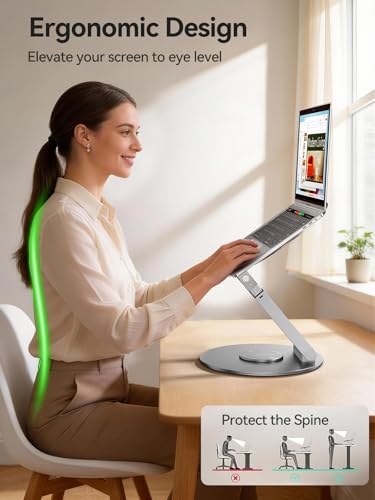 Telescopic Laptop Stand with 360° Rotation, Adjustable Height & Tilt Swivel Laptop Riser, Ergonomic Standing Desk Converter for 10-17" MacBook Pro/Air, Dell, HP – Supports up to 22lbs (Silver) - color: Silver