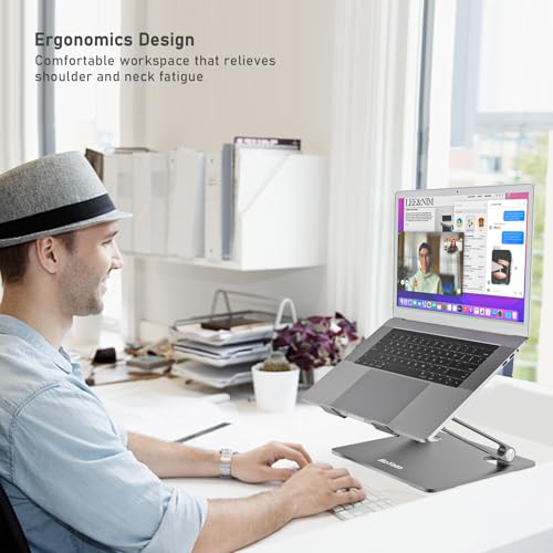 BoYata Laptop Stand, Adjustable Metal Desktop Riser, Up to 15 Inches, Gray | Slide-Proof Silicone Pads and Protective Hooks Provide Stable Support for MacBook, Notebooks and Laptops up to 15 Inches - color: Space Gray