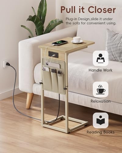 Vagusicc C Shaped End Table with Charging Station, Adjustable Height C Table End Table, Small Side Table for Couch, Couch Table Slide Under Sofa Table TV Tray Arm Table for Living Room,Bedroom,Natural - color: Natural Walnut, style: With Plug