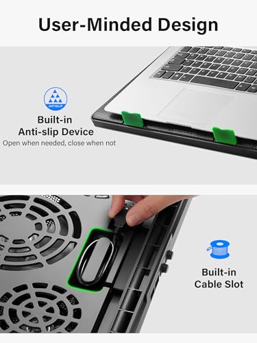 Kootek Laptop Cooling Pad Cooler Stand with 5 Quiet Fans for 12"-17" Laptop | 5 Fans, USB Powered, Laptop Cooling Stand with 2 USB Hub, 6 Adjustable Height, 360° Cooling Coverage, Anti-Slip, Green LED - color: Green