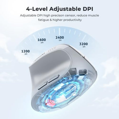 MEETION Left-Handed Ergonomic Vertical Mouse, Wireless, Rechargeable, Gray | Dual-mode connectivity via Bluetooth 5.2, Bluetooth 3.0 and USB. 4 adjustable DPI (800–2400) for Windows, Mac, PC and iPad - color: Left Gray