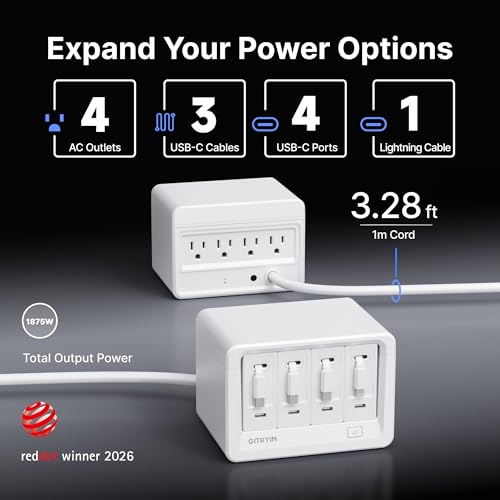 12-in-1 Desktop Charging Station with 3 Retractable Type-C Chargers and 1 Lightning Charger, 40W USB-C Power Strip with 33.5in Cable, Extension Cord with 1020J Surge Protection for Home Office - size: With 3 Type-C Chargers and 1 Lightning Charger