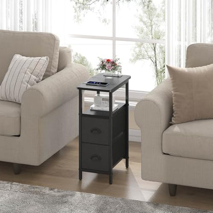 sthmec Narrow End Table with Charging Station, Narrow Side Table with 2 Fabric Drawers, Slim Nightstand, Skinny Bedside Table, Small Side Table for Small Spaces, Living Room, Bedroom, Black - color: Black, size: 7.87'' W x 15.75'' D x 24.37'' H, style: Po
