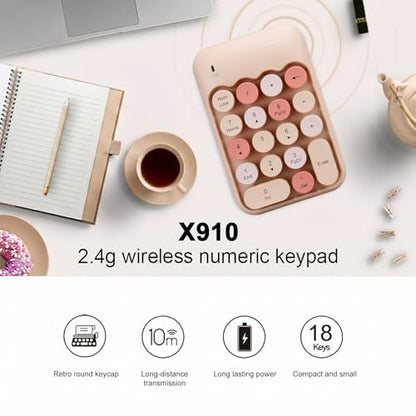 Lomiluskr Cute Wireless Number Keypad with 2.4G USB Receiver, 18 Colorful Round Keys Numpad, Portable Financial Accounting Numeric Keyboard, Suitable for PC, Laptop (Milk Tea) - color: Milk Tea