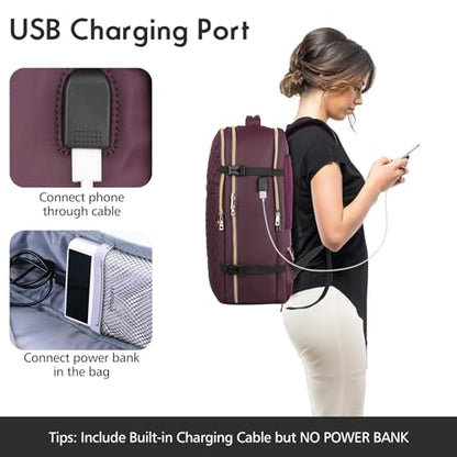 Large Travel Backpack Women, Flight Approved Carry On Backpack, Water Resistant Anti-Theft Large Casual Daypack Fit 17 Inch Laptop with USB Charging Port - color: Dark Purple, size: 17.3 inch