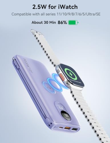 Portable Charger 10000mAh 20W, Wall Plug, 2 Cables, iWatch Charging | Digital Display, Compact Lightweight, USB C Fast Charge, USB-A 18W, Multi Protection, Travel Essential, for iPhone 17 16, Pad - color: Lilac Purple