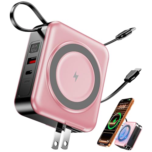 for Magsafe Portable Charger with Built-in Cables and AC Wall Plug, 10000mAh Magnetic Wireless Power Bank 22.5W Type-C in & Out Fast Charging Battery Pack for iPhone 17/16/15/14/13/12 Series, Pink - color: Pink