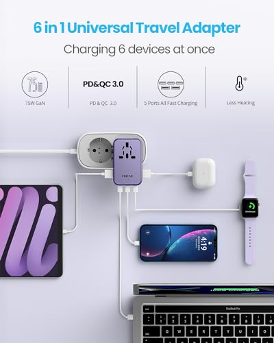 Universal Travel Adapter, VINTAR 75W GaN International Power Adapter with 3 USB C PD and 2 USB A QC, All in One Travel Essentials for UK/EU/USA/AUS, Travel Adapter Worldwide for Laptops Phones, Purple - color: 75W Purple