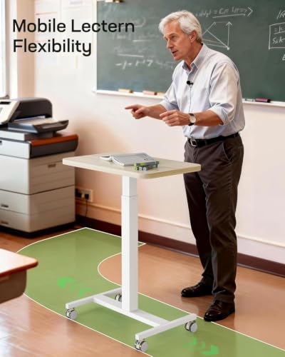 Marsail Mobile Standing Desk, Wider Height Adjustable Computer Desk, Rolling Sit Stand Desk with 4 Lockable Wheels, Ergonomic Desk for Home Office and Classroom, Natural - color: Natural, size: 25.6x15.7 Inch