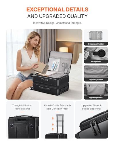 Expandable 20Inch Carry On Luggage Airline Approved - Top Opening Hardside Travel Suitcase Unbreakable -with Cup Holder,USB Charge,Side Pothook, 360°Spinner Wheels, TSA Lock-Black - color: Black, size: 20 Inch-EXT