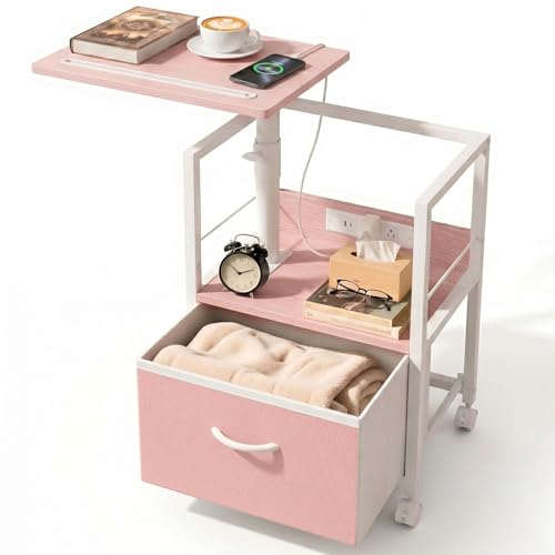 Faesun Swivel Lift Top Nightstand with Charging Station, Rolling Side Table for Recliner, Bedside Table with Wheels & a Fabric Drawer, for Small Spaces, for Bedroom, Living Room, Pink - color: 09 - Pink, size: 1 Drawer