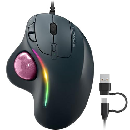 Wired Trackball Mouse with RGB Lighting, Ergonomic Thumb Control to Reduce Muscle Strain, 5 Adjustable DPI, Dual USB-C & USB-A Connectivity, Compatible with PC, Laptop, Mac, Windows-Pink - color: E-Pink