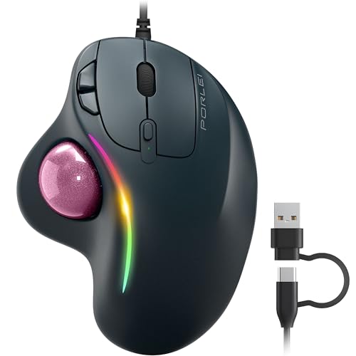 Wired Trackball Mouse with RGB Lighting, Ergonomic Thumb Control to Reduce Muscle Strain, 5 Adjustable DPI, Dual USB-C & USB-A Connectivity, Compatible with PC, Laptop, Mac, Windows-Pink - color: E-Pink