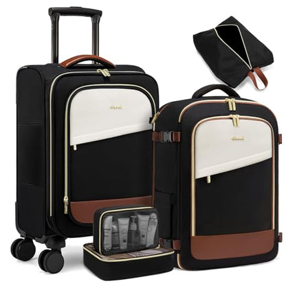 LOVEVOOK 5 Pcs Carry On Luggage 22x14x9 Airline Approved with 40L Laptop Travel Backpack, 20 Inch Carry On Suitcases with Wheels, Rolling Suitcase for Women Men, with TSA Lock Weekender Luggage - color: Black-white-brown, size: 20 Inch-5Pcs