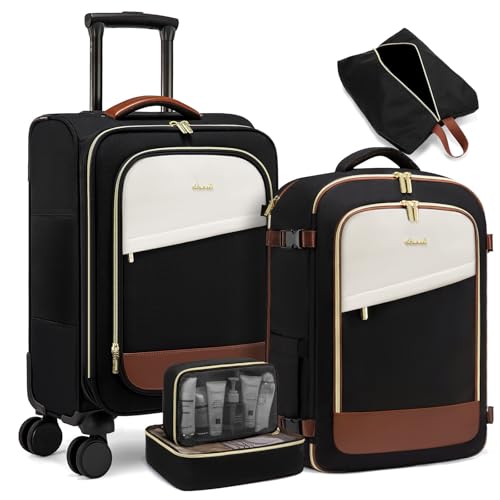 LOVEVOOK 5 Pcs Carry On Luggage 22x14x9 Airline Approved with 40L Laptop Travel Backpack, 20 Inch Carry On Suitcases with Wheels, Rolling Suitcase for Women Men, with TSA Lock Weekender Luggage - color: Black-white-brown, size: 20 Inch-5Pcs