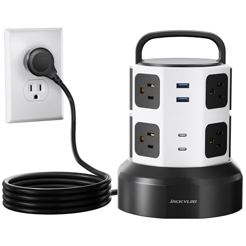 JACKYLED Power Strip Tower Surge Protector, 8 AC 4 USB (2 USB C), 1050J | 6.5Ft Retractable Extension Cord with Multiple Outlets, 1625W/13A Outlet Extender, USB Charging Station for Home Office Dorm - color: White Black, size: Small-6.5ft