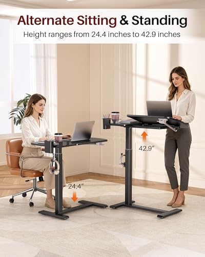 Overbed Bedside Table with Wheels, Black | Pneumatic Adjustable, Tilting Desktop, Cup Holder/Pen Holder/Hook, Mobile Standing Desk, For Bed/Sofa/Hospital Use - color: Black
