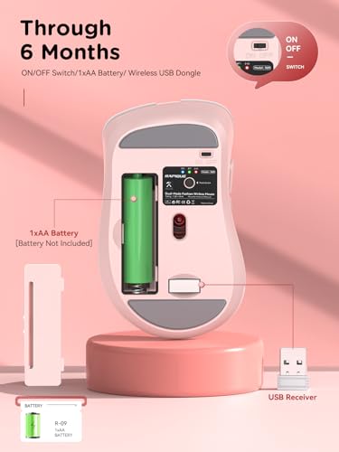 RAPIQUE Bluetooth Wireless Mouse, Dual Bluetooth & 2.4G USB Receiver, Pink | Right-Hand Ergonomic Grip, Quiet Clicks, Low Power - Multi-Device Compatibility for MacBook, Laptop, Computer, iPad Air/Pro - color: Pink