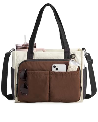 BAGSMART Small Tote Bag for Women, 13'' Laptop Canvas Work Bag with Zipper | 30oz/40oz Tumble & 11 Pockets Travel Tote, Teachers/Nurses, Lightweight Canvas or Water-Resistant Puffer Taslon Crossbody Bag - color: Large Mocha Brown, size: Puffy Taslan
