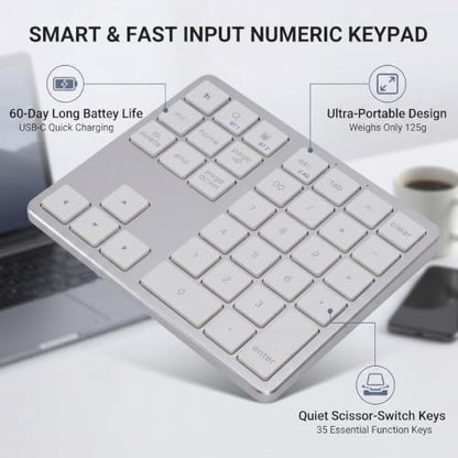 Wireless Number Pad, 35 Key Quiet Scissor Switch, Ultra Light Compact, Bluetooth 2.4G Dual Mode, Rechargeable, for Laptop PC Desktop (White) - color: White