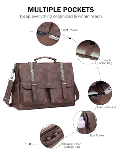 Messenger Bag for Women, 17L Leather Satchel Backpack Purse | Large Laptop Briefcase Multi Pocket Shoulder Bags, Spacious Compartments for Office, Travel, Work, Business, Daily Gift - color: Coffee Brown Retro Style