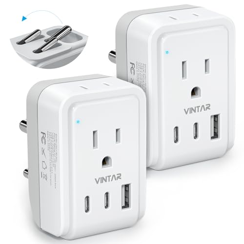 VINTAR US to India Plug Adapter, Foldable India Power Adapter, 2 Pack | 2 AC Outlets and 3 USB Ports (2 USB C), 5-in-1 Type D Plug Adapter for US to India Bangladesh Maldives Pakistan Sri Lanka - style: Type D - India Maldives