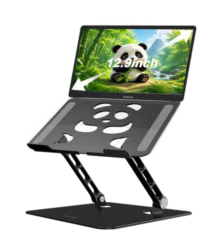 Stable Laptop Stand for Desk Fit for 10"-16.3" Laptops, Black | Foldable Aluminum Riser Creates an Ergonomic Workspace with Cute Panda Cooling Vent, Fits MacBook Air/Pro, Dell and Lenovo - color: Black