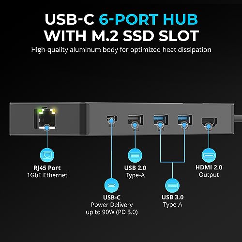 SABRENT USB-C 6-Port Hub & M.2 SSD Dock, 4K HDMI, 90W PD (HB-6PNV) | M.2 SSD slot; USB 3.0 & 2.0; 4K HDMI; RJ45 Gigabit Ethernet; 90W power delivery - color: Dark Gray
