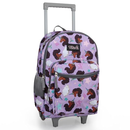 Tilami Rolling Backpack 18 inch Double Handle Wheeled Boys Girls Travel School Children Luggage Toddler Trip - color: Brown Unicorn
