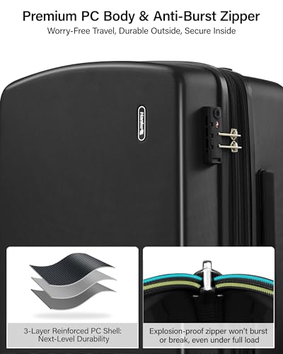 Hanke 28 Inch Expandable Large Checked Luggage, Hard Shell with Side Hook | PC Hard Shell, Large Check in Size, Separate Wet Pocket, 8 Spinner Wheels, for long Trip, European travel - color: Jet Black, size: 28 Inch EXT