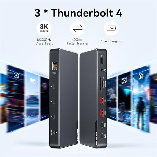 MOKiN Thunderbolt 4 Dock, Laptop Docking Station Dual Monitor, 8k@30hz Hdmi, 3*TB4 Ports 40Gb/s, USB-A/C, 2.5GbE Ethernet, Audio, SD, 85w Power for MacBook,Dell,Lenovo(Thunderbolt Certified)