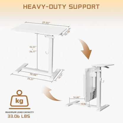 ETHU Foldable Overbed Table with Wheels, Rolling Laptop Standing Desk with Height Adjustable 26.77”-42.51” & Tilting Desktop, Mobile Work Desk for Bedside, Sofa and Home Office Use, White