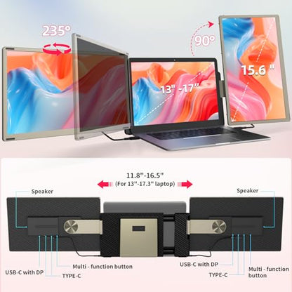 LOSC 15.6" Laptop Screen Extender, Triple Portable Monitor with FHD 1080P IPS Display, 120% sRGB, 235° Rotation and Plug and Play Setup for 13-17.3" Mac, Windows & ChromeOS Laptops