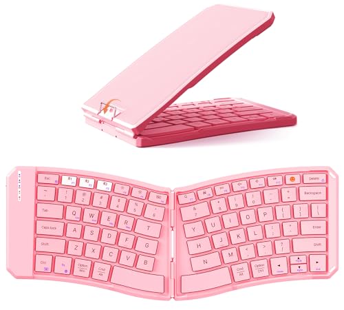 MEETION Foldable Ergonomic Bluetooth Keyboard, Split, Portable, Pink | Compact rechargeable folding keyboard with split ergonomic design, ideal for business travel, for Windows, Mac, iPad, Android - color: Pink