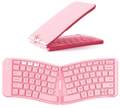MEETION Foldable Ergonomic Bluetooth Keyboard, Split, Portable, Pink | Compact rechargeable folding keyboard with split ergonomic design, ideal for business travel, for Windows, Mac, iPad, Android - color: Pink