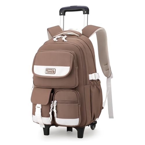 Solid Color Rolling Backpack for Girls Boys Cute Elementary school bag with wheels,Brown Trolley Bags for Travel - color: B-brown-2 Wheels, size: 2 Wheels
