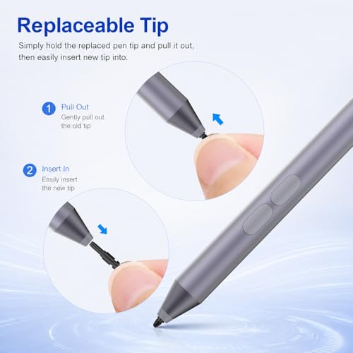 Pen for Surface Pro 11/10/9/8/X, Surface Laptop/Book/Go/Studio, Kobo | Palm Rejection, 1024 Pressure, 2500H Battery Life Active Stylus Pencil for Student Note-Taking & Artist Business Drawing - color: Gray