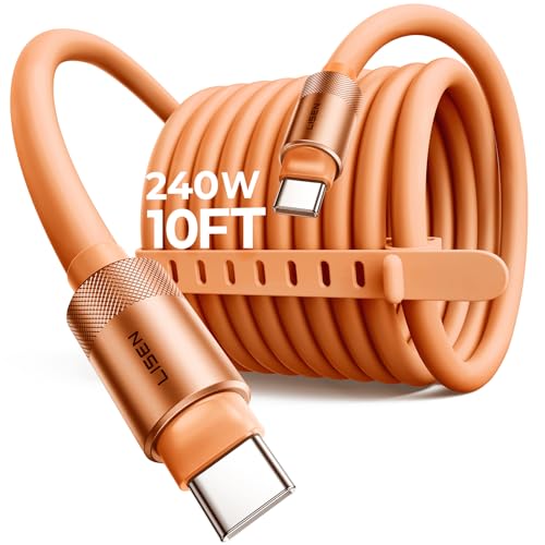 LISEN 10FT USB C Cable Fast Charging, Chubby 240W Cable USB C to USB C Fast Charging Soft Silicone USBC to USBC Parallel Cable for iPhone 17 Pro Max 16 15 Samsung S25 Ultra MacBook Pro Air iPad Orange - color: Orange, size: 10FT