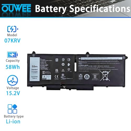 58Wh 07KRV Laptop Battery Replacement for Dell Latitude 5430 5530 Precision 3570 P104F005 P104F006 P137G004 P137G005 P137G006 H4PVC 0H4PVC Y86WG 0Y86WG 08WRCR 078FWY 4FVJG O7KRV 15.2V 4-Cell - size: 9.52*3.51*0.22 inch 07KRV