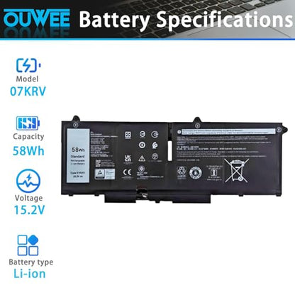 58Wh 07KRV Laptop Battery Replacement for Dell Latitude 5430 5530 Precision 3570 P104F005 P104F006 P137G004 P137G005 P137G006 H4PVC 0H4PVC Y86WG 0Y86WG 08WRCR 078FWY 4FVJG O7KRV 15.2V 4-Cell - size: 9.52*3.51*0.22 inch 07KRV
