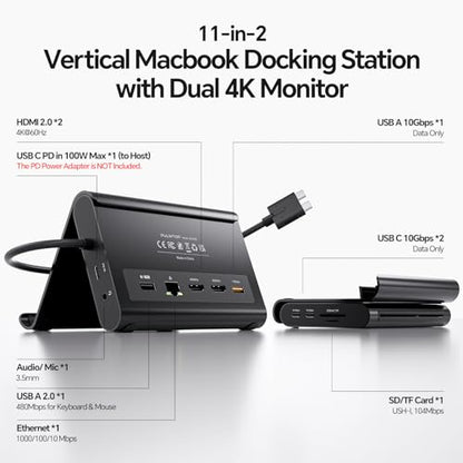 MacBook Docking Station Dual Monitor 4K@60Hz for MacBook Pro/Air M4/M5 | PULWTOP Macbook Pro Stand USB C Dock with 2 HDMI, Gigabit Ethernet, 3 USB 10Gbps, SD/TF, Audio, PD for Home & office, Black