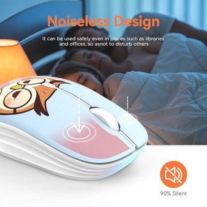 FMOUSE Cute Cartoon Wireless Mouse, 2.4G Bluetooth Dual Mode, AA Battery Powered, Silent Ergonomic Mice for Kids Students Office Workers Laptop PC Mac iPad (Sleepy Book Owl) - color: Sleepy Book Owl