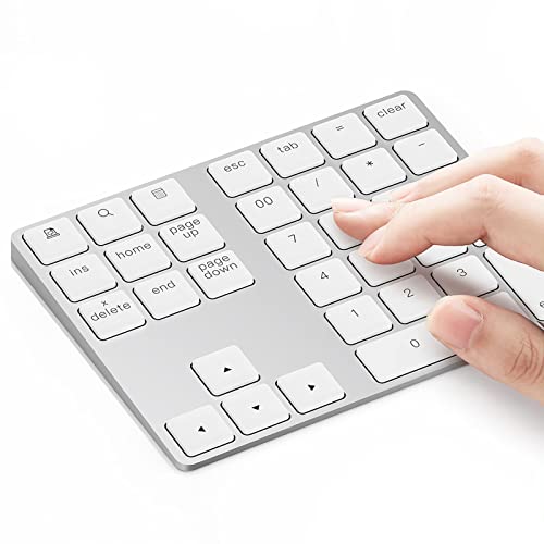 Lekvey Bluetooth Number Pad, Aluminum Rechargeable Wireless Numeric Keypad | Slim 34-Keys, External Numpad Keyboard, Data Entry for Laptop, MacBook, MacBook Air/Pro, iMac, Windows, Surface Pro - Silver - color: White and Silver