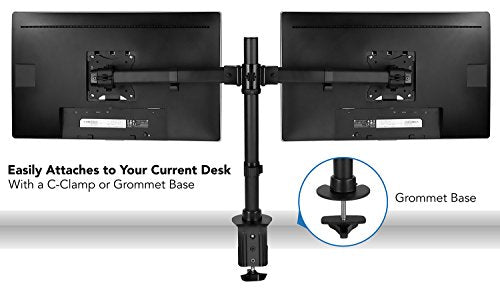 Mount-It! Dual Monitor Desk Stand, C-Clamp & Grommet Base | Fits two VESA 75/100 screens 17-27", two articulating arms, C-clamp and grommet bases.
