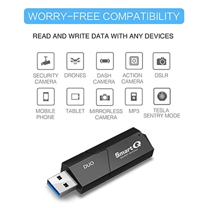 SmartQ C307 DUO SD Card Reader Portable USB 3.0 Flash Memory Card Adapter Hub for SD, Micro SD, SDXC, SDHC, MMC, Micro SDXC, Micro SDHC, UHS-I for Mac, Windows, Linux, Chrome, PC, Laptop, Switch (Duo) - size: Duo