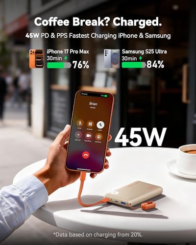 INIU 45W Fast Charging Portable Charger, Smaller 10000mAh Travel Power Bank | Flight-Safe, Detachable USB C Cable, Travel Essential, External Battery Phone Pack for iPhone 17 Samsung S26 iPad etc, Beige - color: Beige