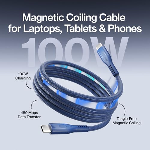 Statik MagStack Pro USB C to USB C Coiling Magnetic Charging Cable,100W | Nylon Braided Tangle-Free Design, Magnetic Coiling, Data Transfer, Compatible with iPhone & Android, 3FT Navy, 5 Pack - color: Navy, size: 3ft (5 Pack), style: USB-C to USB-C
