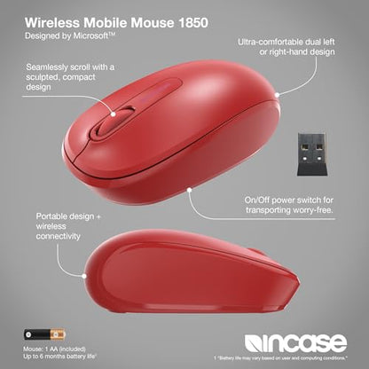 Incase Wireless Mobile Mouse 1850 – Designed by Microsoft – Compact, Comfortable, Right/Left Hand Use, 6-Month Battery Life, Nano Transceiver, Works with Mac/Windows 8/10/11 (Flame Red) - color: Flame Red