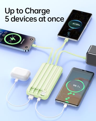 RONEGN Portable Charger with Built in Cable -20000mAh Fast Charging Power Bank USB C Slim 22.5W LED Display Battery Pack 5 Outputs & 3 Inputs for Travel Essentials iPhone Samsung Phones Green - color: Green
